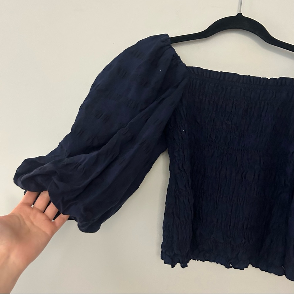 Anthropologie Maeve Bree Milkmaid Shirred Puff Sleeve Navy Blue Top - Picture 5 of 5